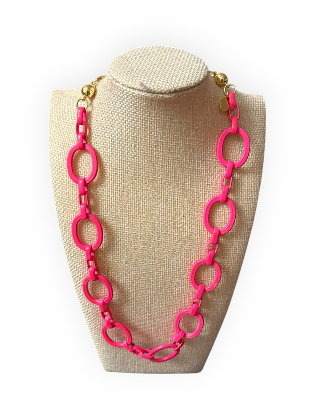 Melania Clara Hot Pink Enamel Oval Link Chain Statement Necklace Gold Clasp